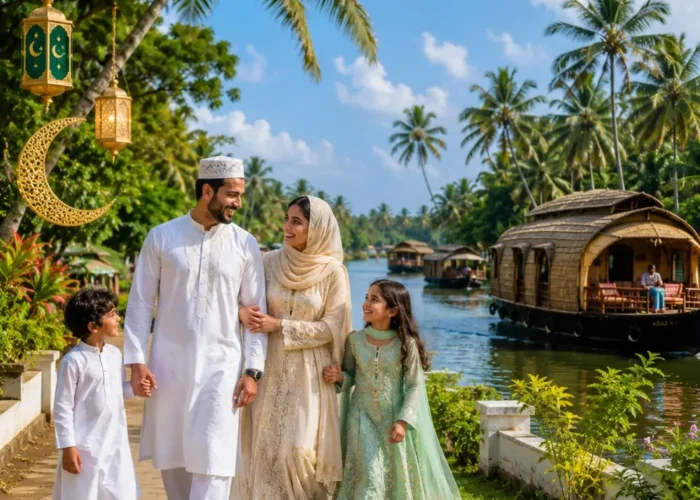 Kerala Eid Holiday Tour Package featuring Munnar, Thekkady, Alleppey houseboats, backwaters and scenic hill station landscapes.