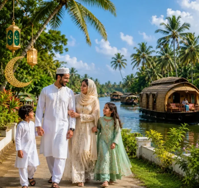 Kerala Eid Holiday Tour Package featuring Munnar, Thekkady, Alleppey houseboats, backwaters and scenic hill station landscapes.