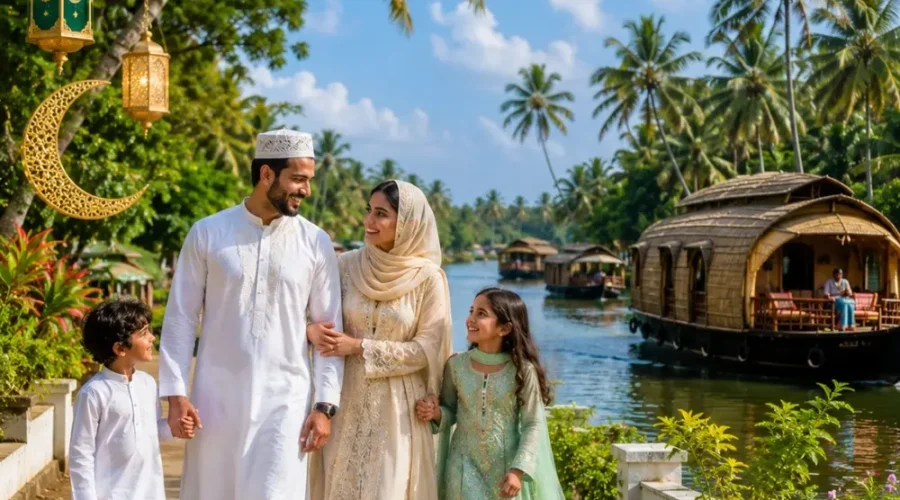 Kerala Eid Holiday Tour Package featuring Munnar, Thekkady, Alleppey houseboats, backwaters and scenic hill station landscapes.