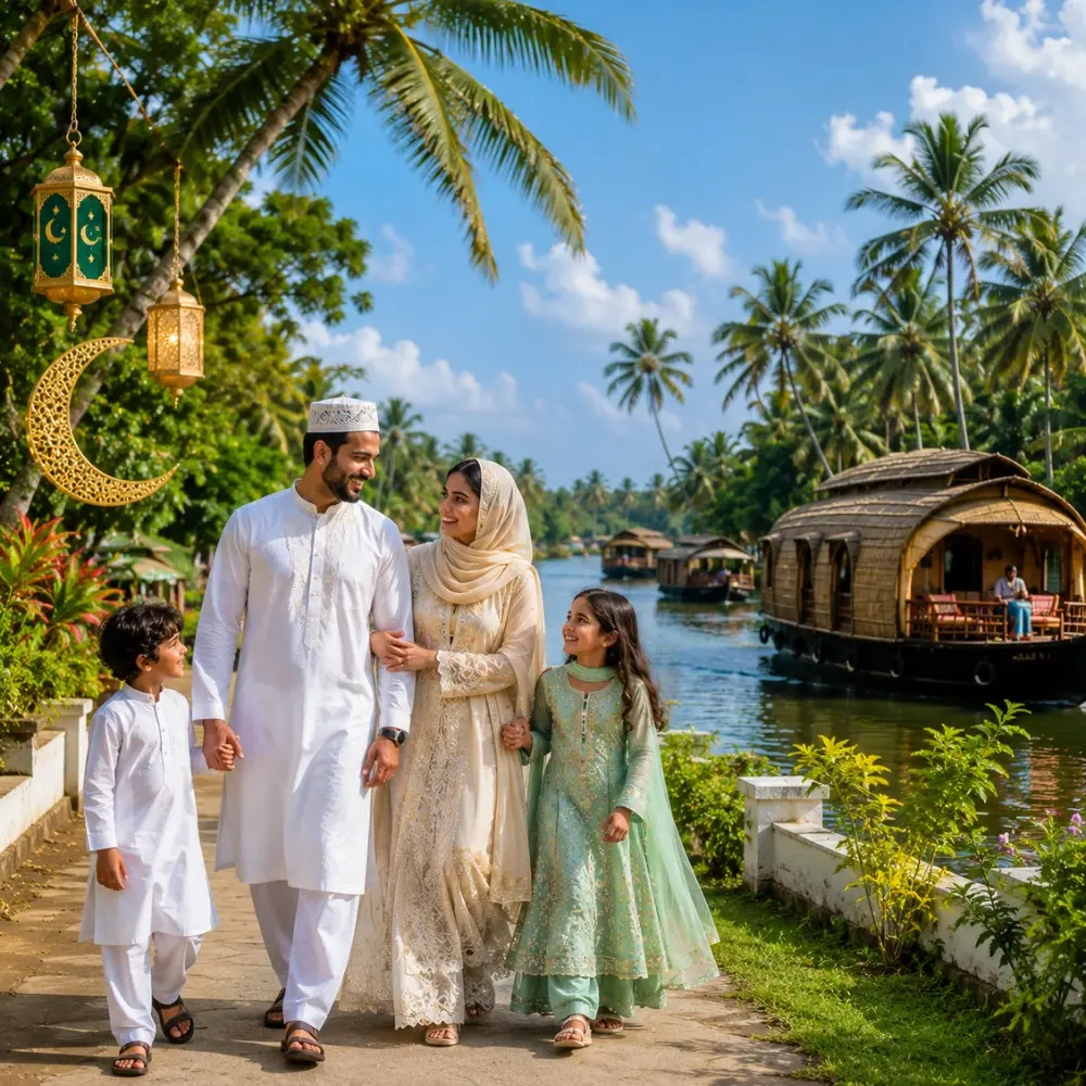 Kerala Eid Holiday Tour Package featuring Munnar, Thekkady, Alleppey houseboats, backwaters and scenic hill station landscapes.