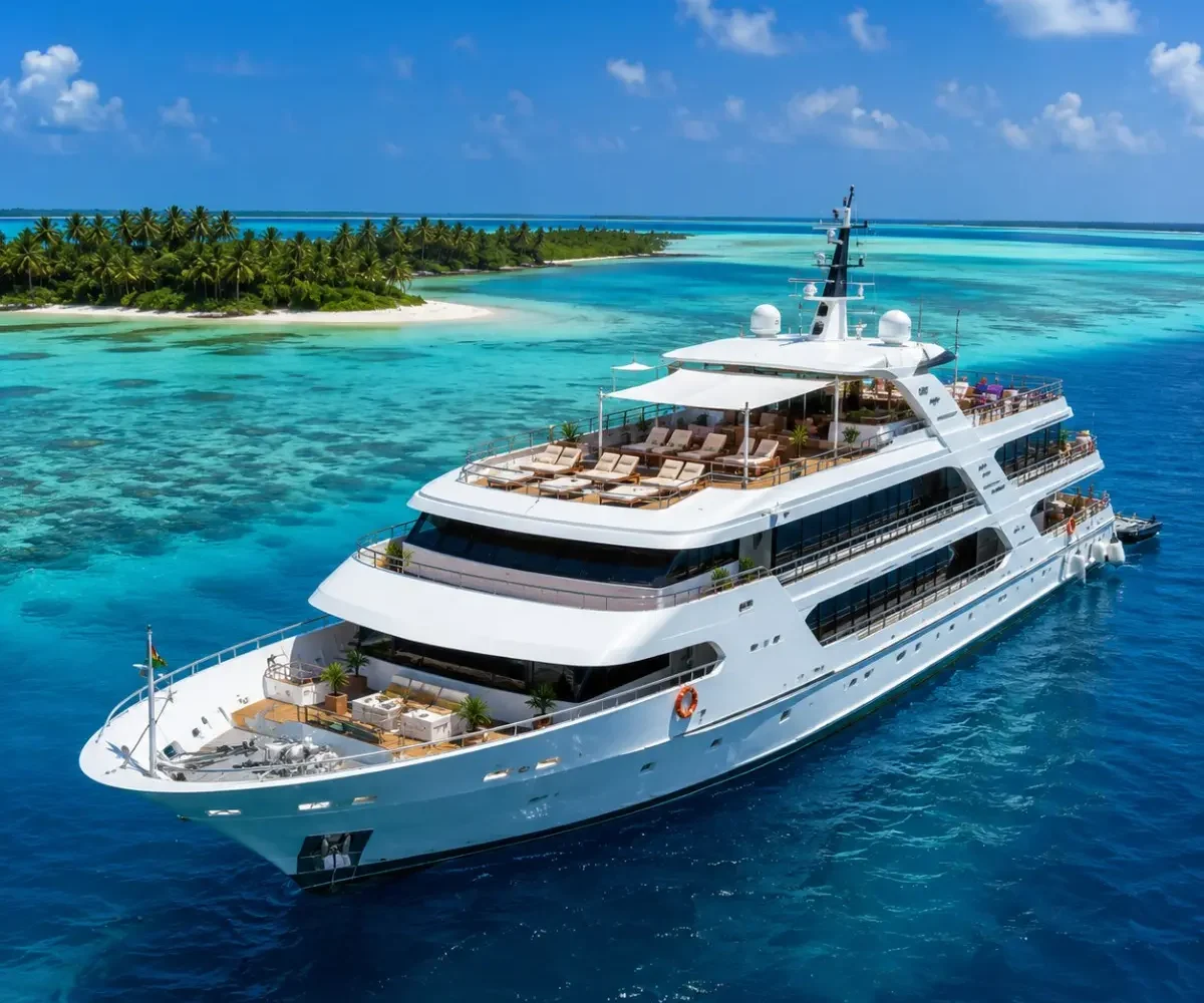 Kochi Lakshadweep Cruise Package featuring a luxury cruise ship, turquoise lagoons, white sandy beaches, coral reefs and premium island cruise experiences.