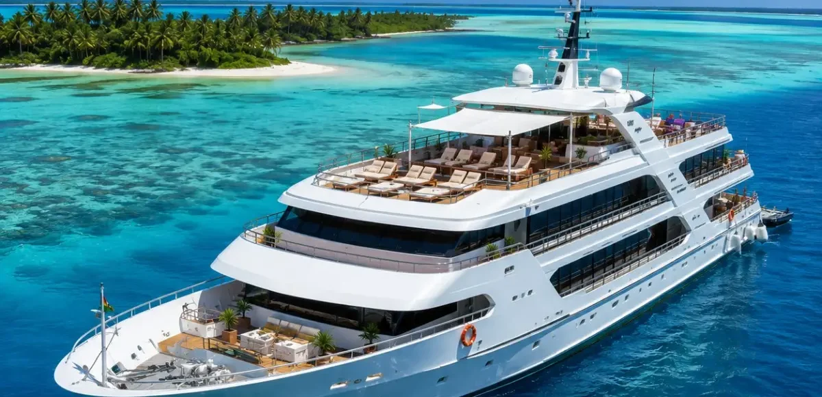 Kochi Lakshadweep Cruise Package featuring a luxury cruise ship, turquoise lagoons, white sandy beaches, coral reefs and premium island cruise experiences.
