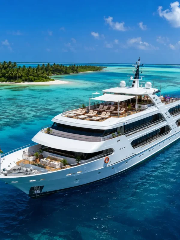 Kochi Lakshadweep Cruise Package featuring a luxury cruise ship, turquoise lagoons, white sandy beaches, coral reefs and premium island cruise experiences.