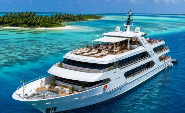 Kochi Lakshadweep Cruise Package featuring a luxury cruise ship, turquoise lagoons, white sandy beaches, coral reefs and premium island cruise experiences.