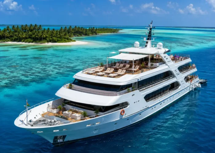 Kochi Lakshadweep Cruise Package featuring a luxury cruise ship, turquoise lagoons, white sandy beaches, coral reefs and premium island cruise experiences.