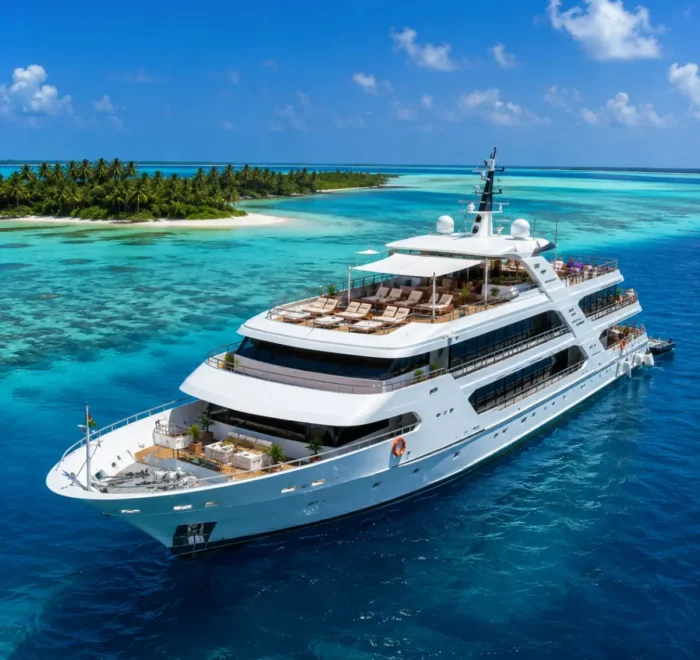 Kochi Lakshadweep Cruise Package featuring a luxury cruise ship, turquoise lagoons, white sandy beaches, coral reefs and premium island cruise experiences.