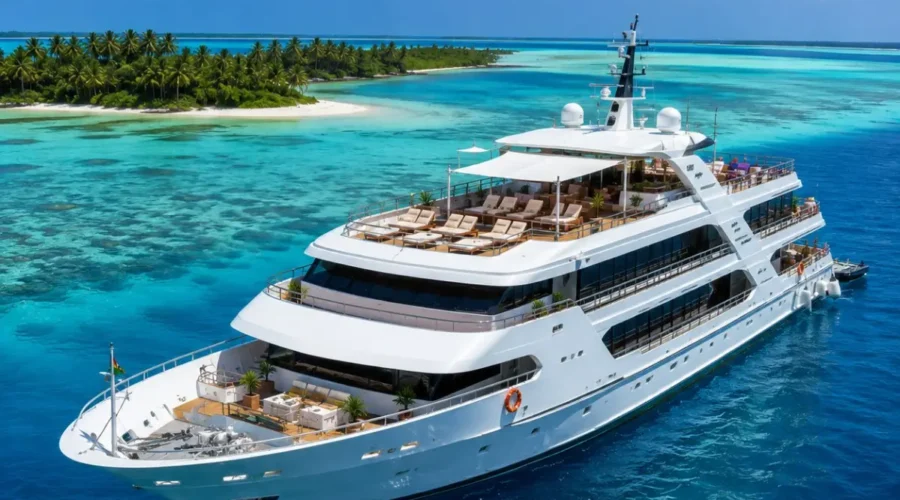Kochi Lakshadweep Cruise Package featuring a luxury cruise ship, turquoise lagoons, white sandy beaches, coral reefs and premium island cruise experiences.