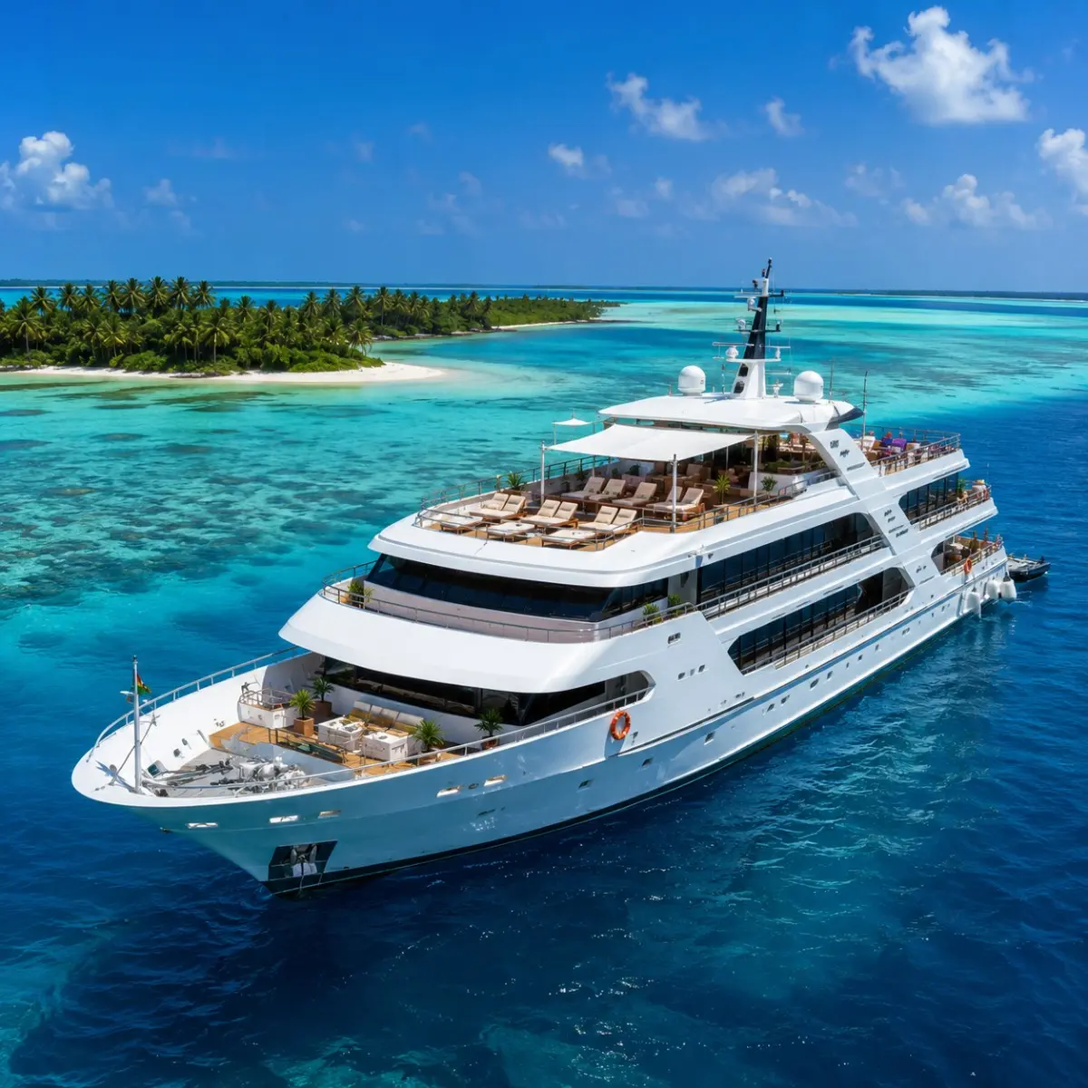 Kochi Lakshadweep Cruise Package featuring a luxury cruise ship, turquoise lagoons, white sandy beaches, coral reefs and premium island cruise experiences.