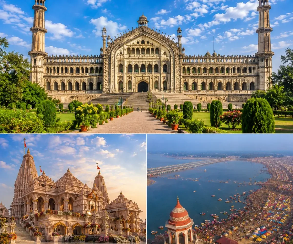 Lucknow Ayodhya Prayagraj Tour Package featuring Bara Imambara, Shri Ram Janmabhoomi Mandir, Triveni Sangam and Rumi Darwaza.
