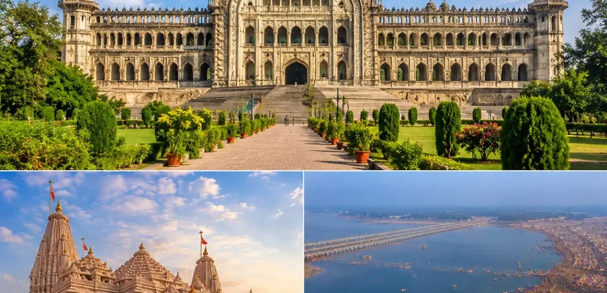 Lucknow Ayodhya Prayagraj Tour Package featuring Bara Imambara, Shri Ram Janmabhoomi Mandir, Triveni Sangam and Rumi Darwaza.