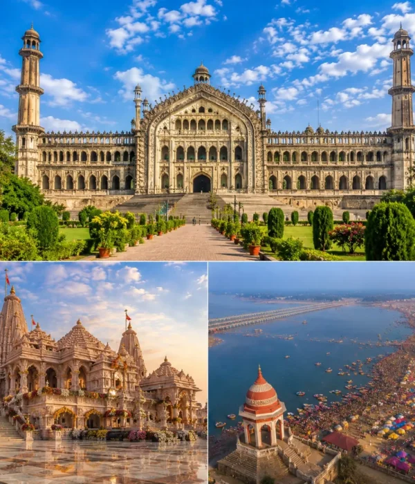 Lucknow Ayodhya Prayagraj Tour Package featuring Bara Imambara, Shri Ram Janmabhoomi Mandir, Triveni Sangam and Rumi Darwaza.