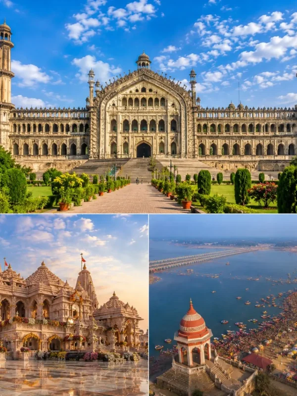 Lucknow Ayodhya Prayagraj Tour Package featuring Bara Imambara, Shri Ram Janmabhoomi Mandir, Triveni Sangam and Rumi Darwaza.