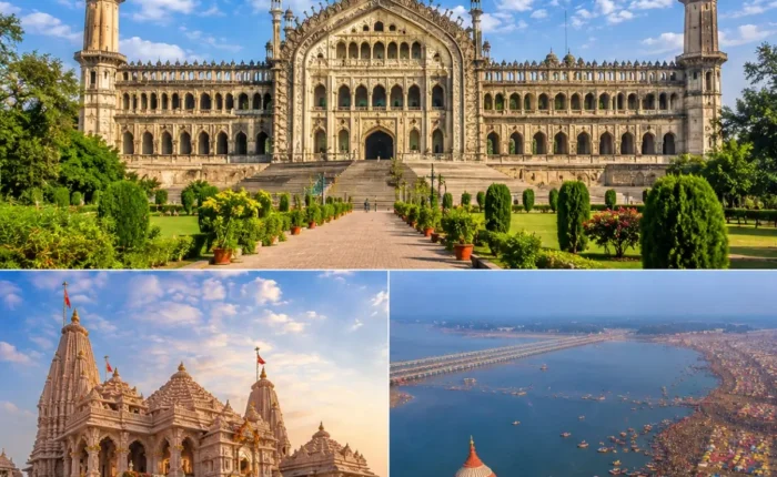 Lucknow Ayodhya Prayagraj Tour Package featuring Bara Imambara, Shri Ram Janmabhoomi Mandir, Triveni Sangam and Rumi Darwaza.