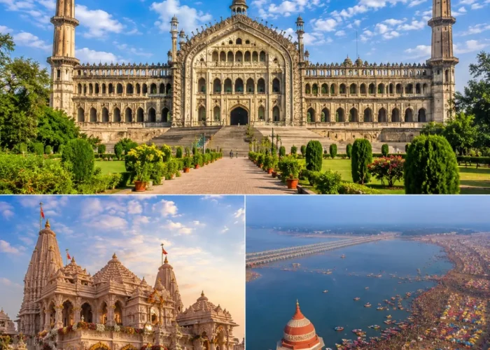 Lucknow Ayodhya Prayagraj Tour Package featuring Bara Imambara, Shri Ram Janmabhoomi Mandir, Triveni Sangam and Rumi Darwaza.