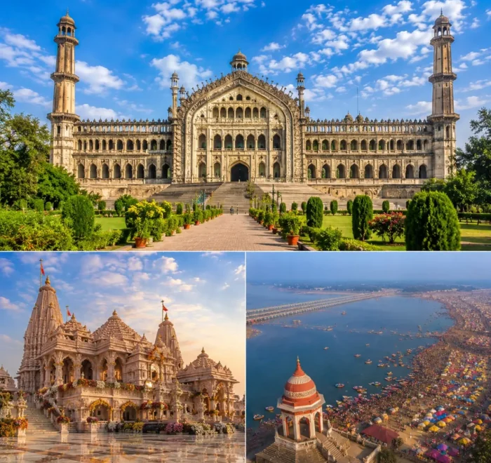 Lucknow Ayodhya Prayagraj Tour Package featuring Bara Imambara, Shri Ram Janmabhoomi Mandir, Triveni Sangam and Rumi Darwaza.