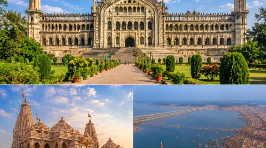 Lucknow Ayodhya Prayagraj Tour Package featuring Bara Imambara, Shri Ram Janmabhoomi Mandir, Triveni Sangam and Rumi Darwaza.