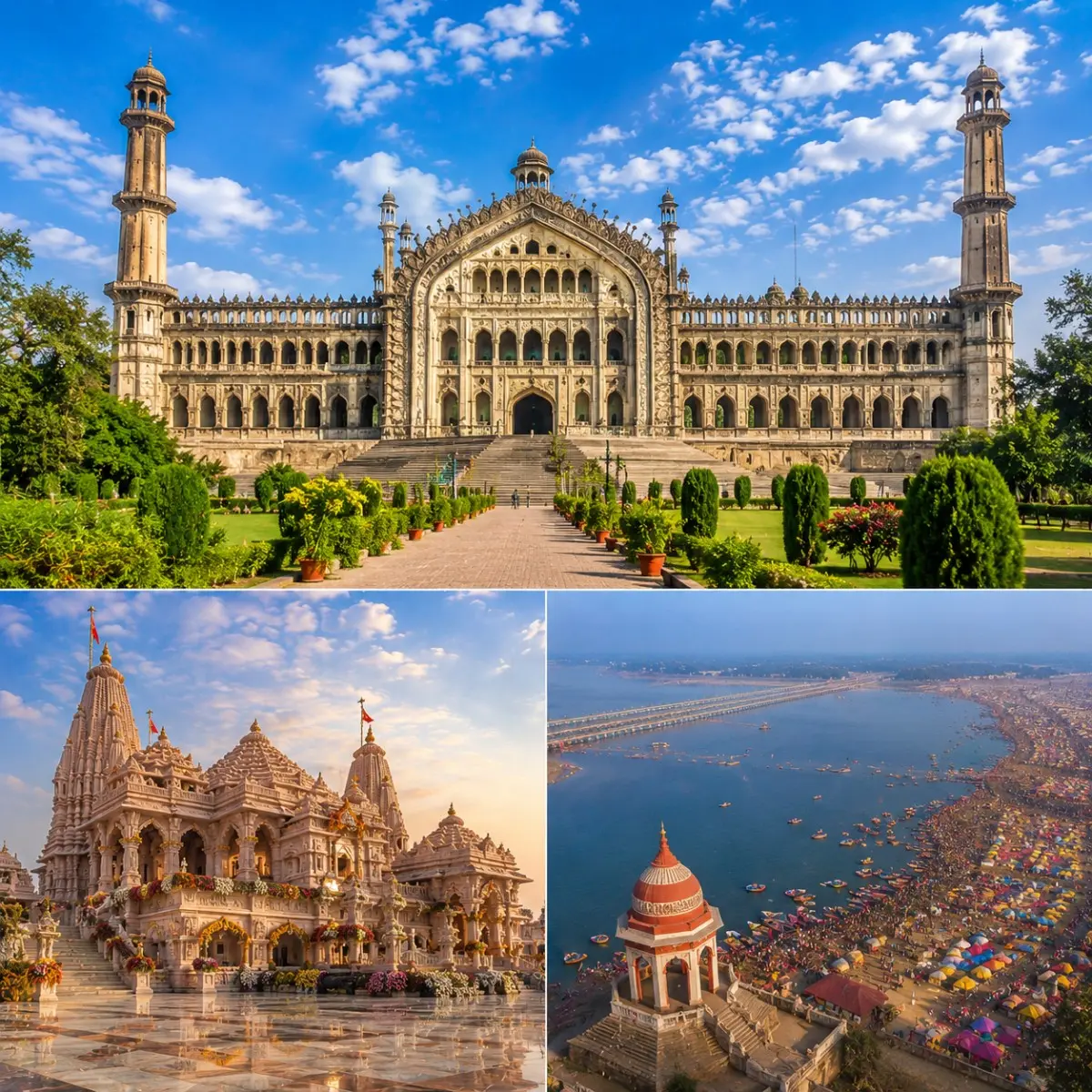 Lucknow Ayodhya Prayagraj Tour Package featuring Bara Imambara, Shri Ram Janmabhoomi Mandir, Triveni Sangam and Rumi Darwaza.