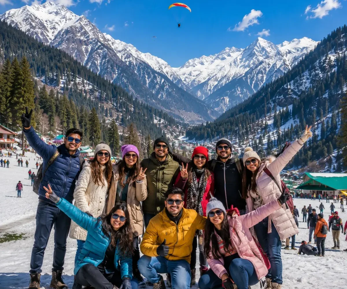 Manali Solang Valley Group Tour Package featuring snow-covered mountains, Solang Valley, Rohtang Pass, adventure activities and scenic Himalayan landscapes.