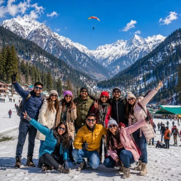 Manali Solang Valley Group Tour Package featuring snow-covered mountains, Solang Valley, Rohtang Pass, adventure activities and scenic Himalayan landscapes.