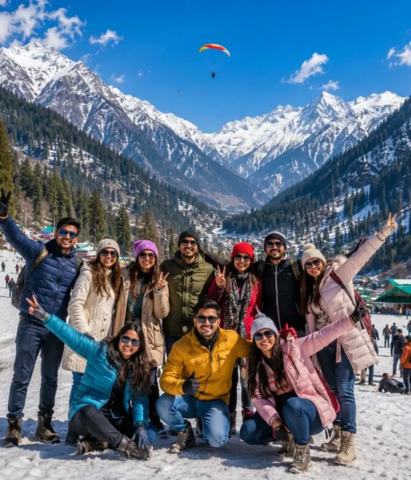 Manali Solang Valley Group Tour Package featuring snow-covered mountains, Solang Valley, Rohtang Pass, adventure activities and scenic Himalayan landscapes.