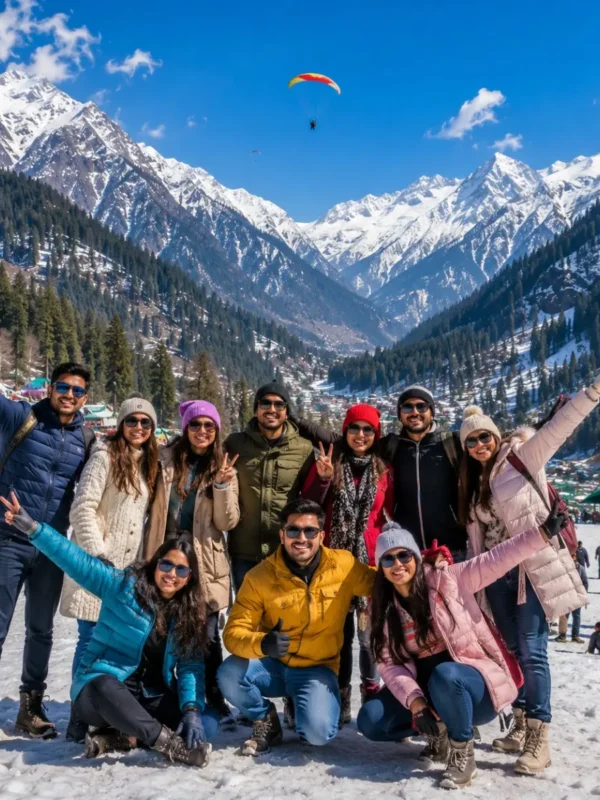 Manali Solang Valley Group Tour Package featuring snow-covered mountains, Solang Valley, Rohtang Pass, adventure activities and scenic Himalayan landscapes.