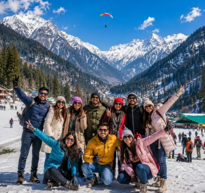 Manali Solang Valley Group Tour Package featuring snow-covered mountains, Solang Valley, Rohtang Pass, adventure activities and scenic Himalayan landscapes.