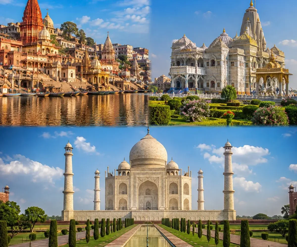 Mathura Vrindavan Agra Tour Package featuring Shri Krishna Janmabhoomi, Prem Mandir, Banke Bihari Temple, Taj Mahal and Agra Fort.