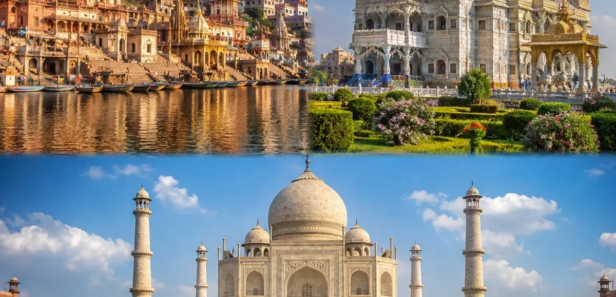 Mathura Vrindavan Agra Tour Package featuring Shri Krishna Janmabhoomi, Prem Mandir, Banke Bihari Temple, Taj Mahal and Agra Fort.