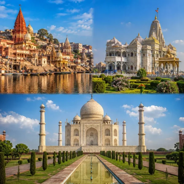Mathura Vrindavan Agra Tour Package featuring Shri Krishna Janmabhoomi, Prem Mandir, Banke Bihari Temple, Taj Mahal and Agra Fort.