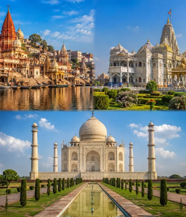 Mathura Vrindavan Agra Tour Package featuring Shri Krishna Janmabhoomi, Prem Mandir, Banke Bihari Temple, Taj Mahal and Agra Fort.
