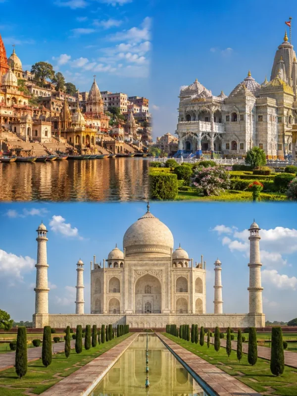 Mathura Vrindavan Agra Tour Package featuring Shri Krishna Janmabhoomi, Prem Mandir, Banke Bihari Temple, Taj Mahal and Agra Fort.