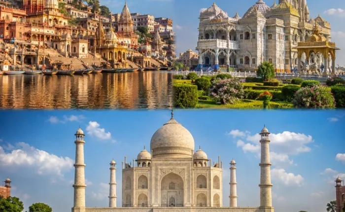 Mathura Vrindavan Agra Tour Package featuring Shri Krishna Janmabhoomi, Prem Mandir, Banke Bihari Temple, Taj Mahal and Agra Fort.