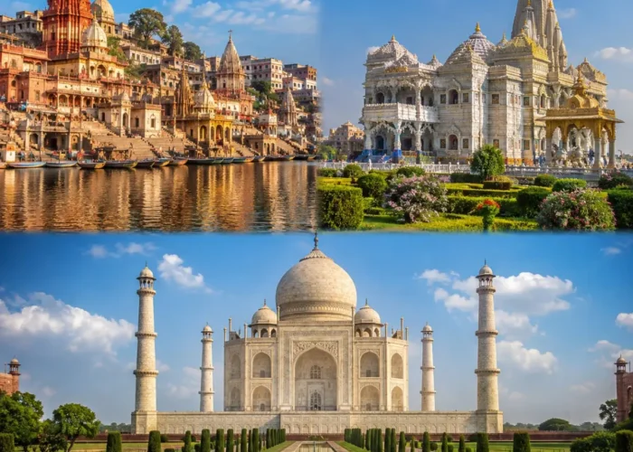 Mathura Vrindavan Agra Tour Package featuring Shri Krishna Janmabhoomi, Prem Mandir, Banke Bihari Temple, Taj Mahal and Agra Fort.