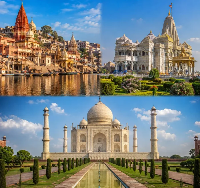 Mathura Vrindavan Agra Tour Package featuring Shri Krishna Janmabhoomi, Prem Mandir, Banke Bihari Temple, Taj Mahal and Agra Fort.