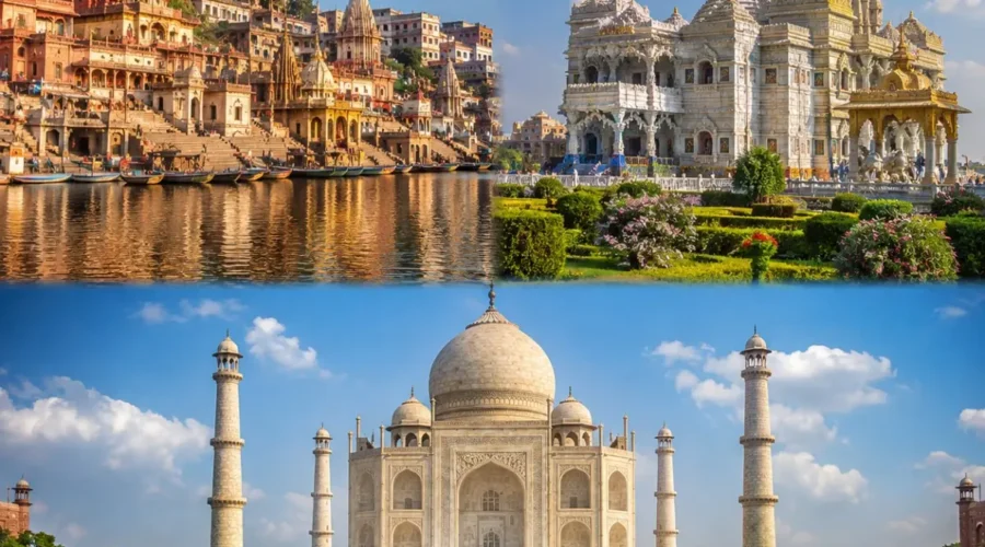Mathura Vrindavan Agra Tour Package featuring Shri Krishna Janmabhoomi, Prem Mandir, Banke Bihari Temple, Taj Mahal and Agra Fort.
