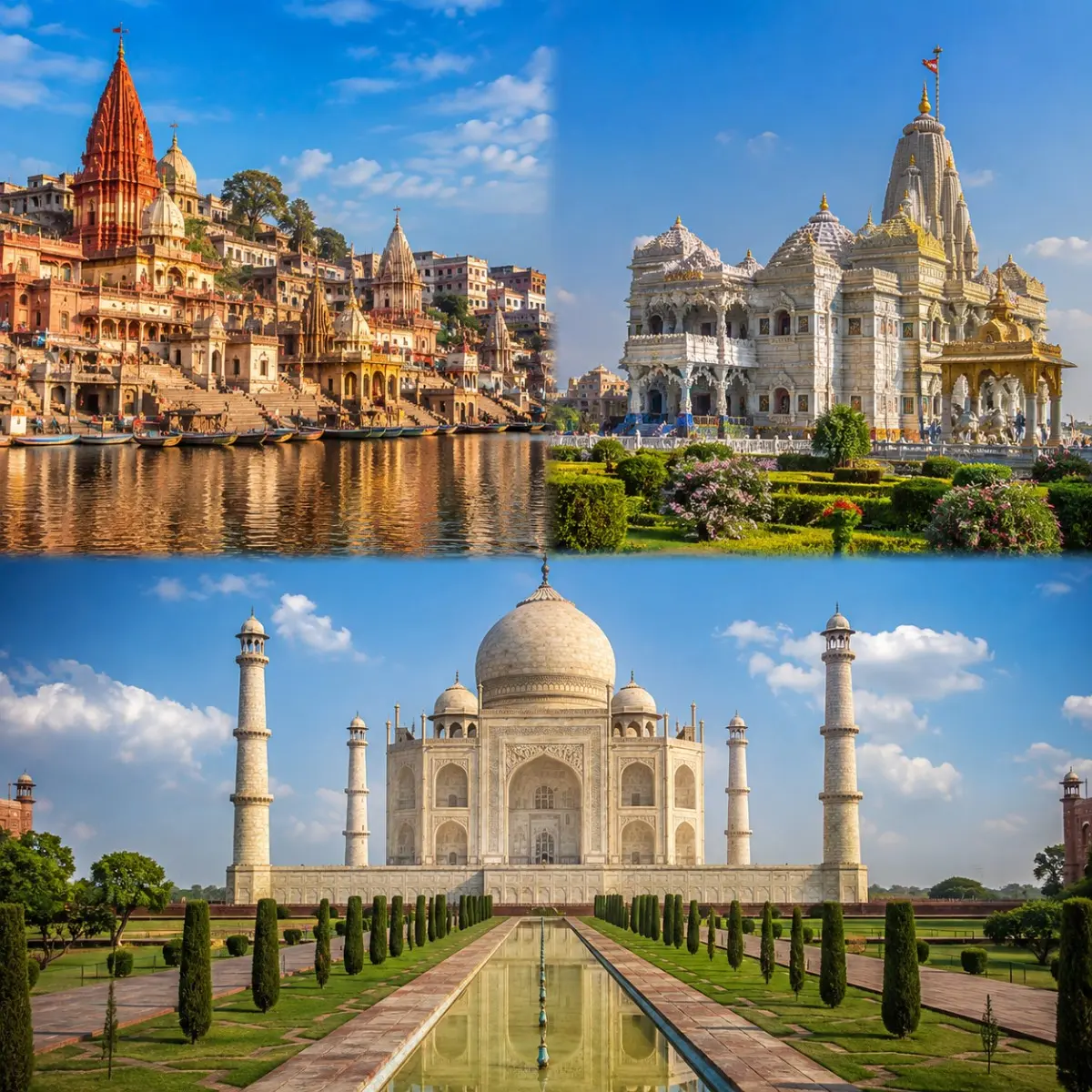 Mathura Vrindavan Agra Tour Package featuring Shri Krishna Janmabhoomi, Prem Mandir, Banke Bihari Temple, Taj Mahal and Agra Fort.