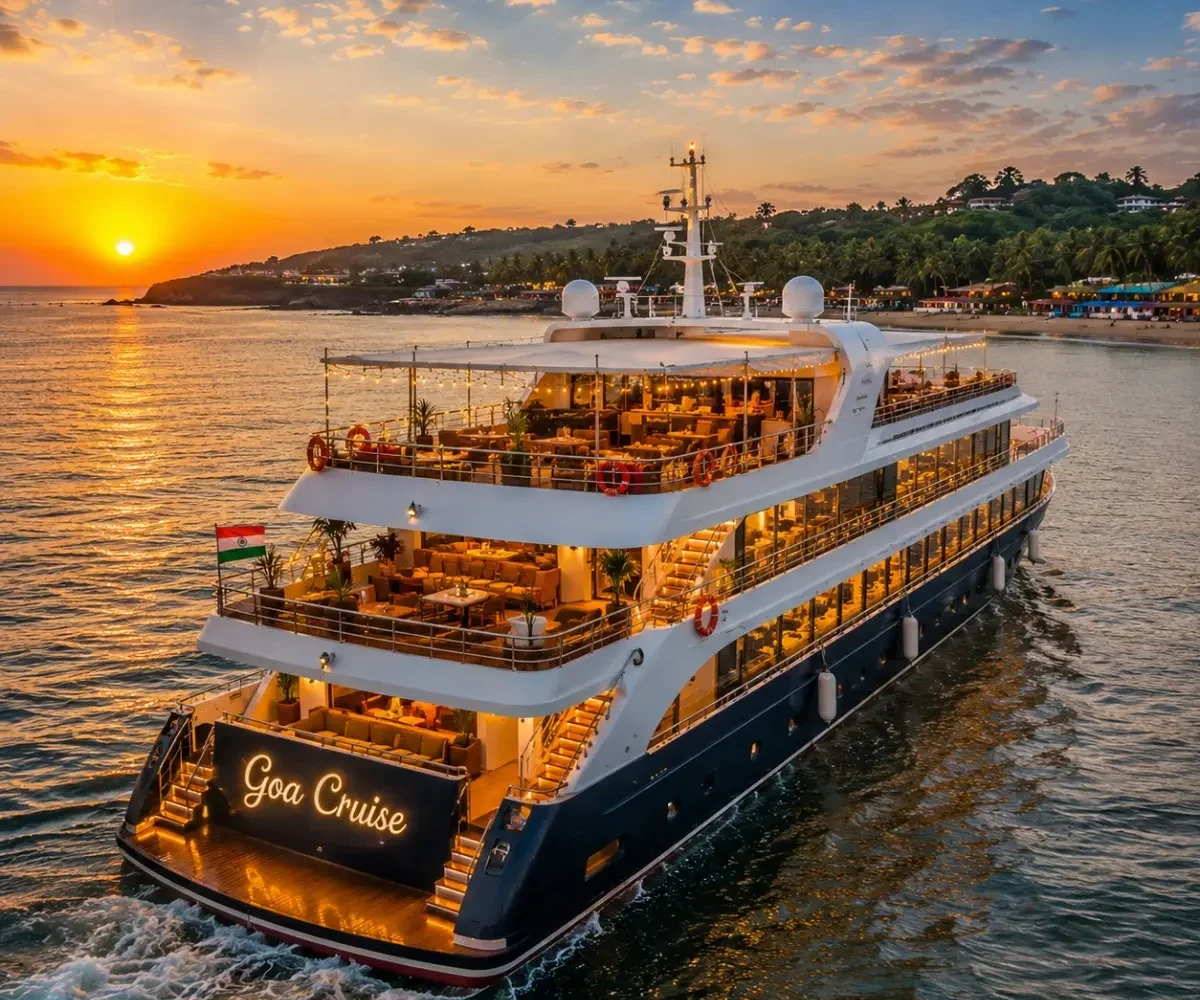 Mumbai Goa Cruise Package featuring a luxury cruise ship sailing across the Arabian Sea with Goa beaches, onboard entertainment and premium cruise experiences.