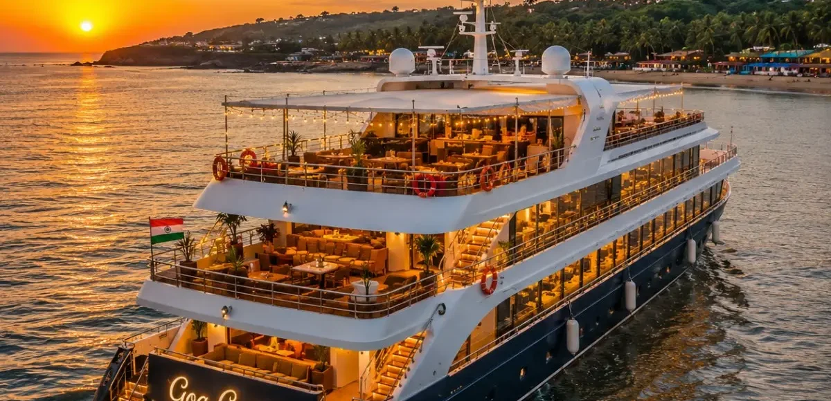 Mumbai Goa Cruise Package featuring a luxury cruise ship sailing across the Arabian Sea with Goa beaches, onboard entertainment and premium cruise experiences.