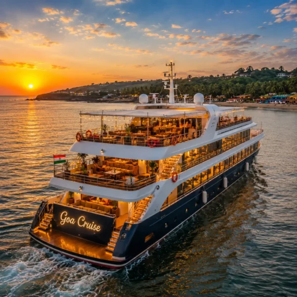 Mumbai Goa Cruise Package featuring a luxury cruise ship sailing across the Arabian Sea with Goa beaches, onboard entertainment and premium cruise experiences.