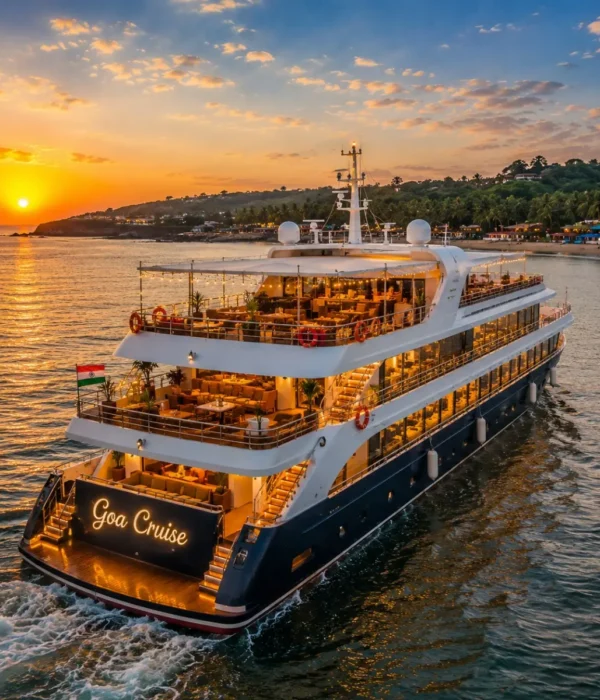 Mumbai Goa Cruise Package featuring a luxury cruise ship sailing across the Arabian Sea with Goa beaches, onboard entertainment and premium cruise experiences.