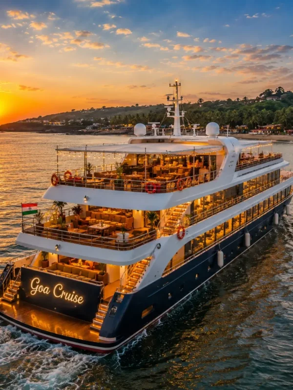 Mumbai Goa Cruise Package featuring a luxury cruise ship sailing across the Arabian Sea with Goa beaches, onboard entertainment and premium cruise experiences.