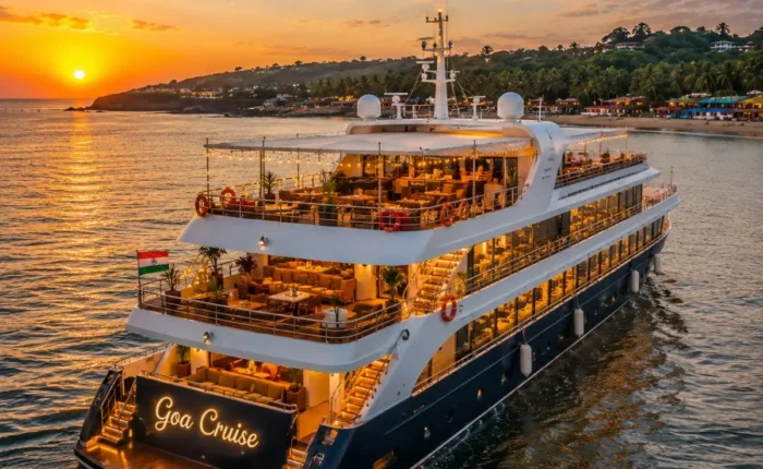 Mumbai Goa Cruise Package featuring a luxury cruise ship sailing across the Arabian Sea with Goa beaches, onboard entertainment and premium cruise experiences.