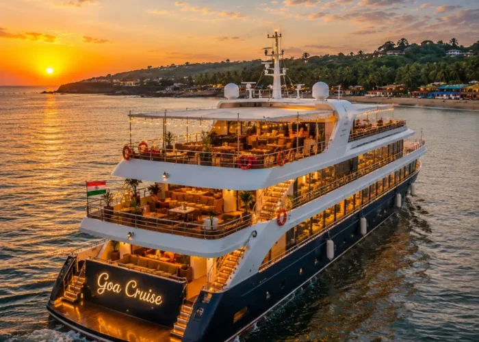 Mumbai Goa Cruise Package featuring a luxury cruise ship sailing across the Arabian Sea with Goa beaches, onboard entertainment and premium cruise experiences.