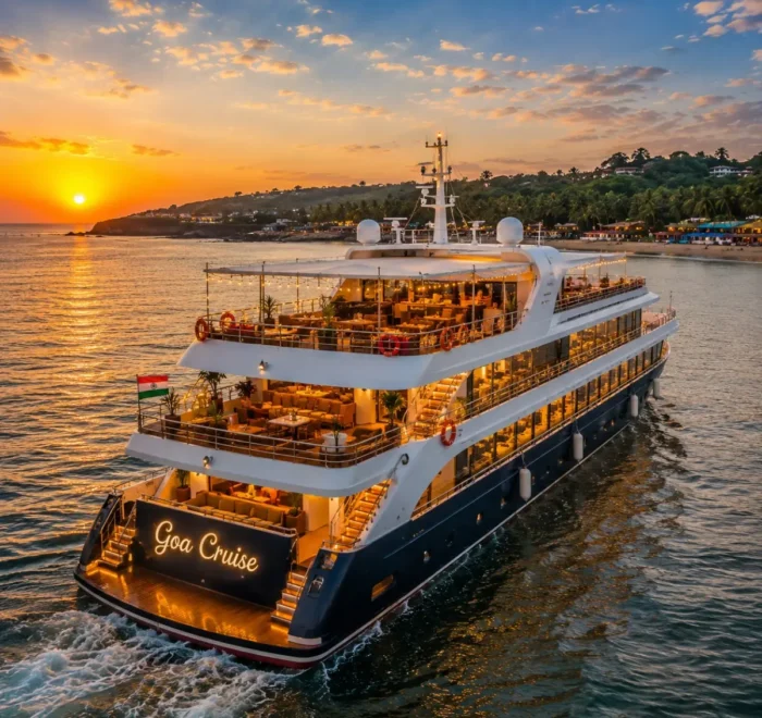 Mumbai Goa Cruise Package featuring a luxury cruise ship sailing across the Arabian Sea with Goa beaches, onboard entertainment and premium cruise experiences.