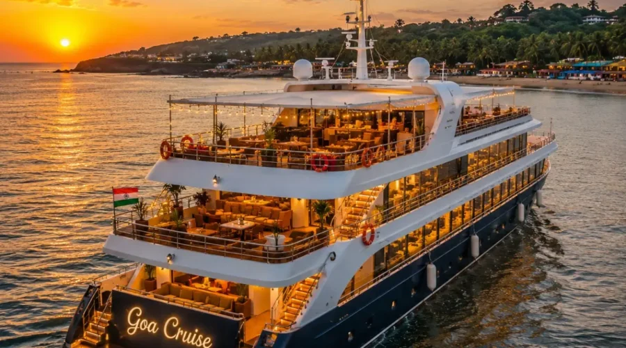Mumbai Goa Cruise Package featuring a luxury cruise ship sailing across the Arabian Sea with Goa beaches, onboard entertainment and premium cruise experiences.