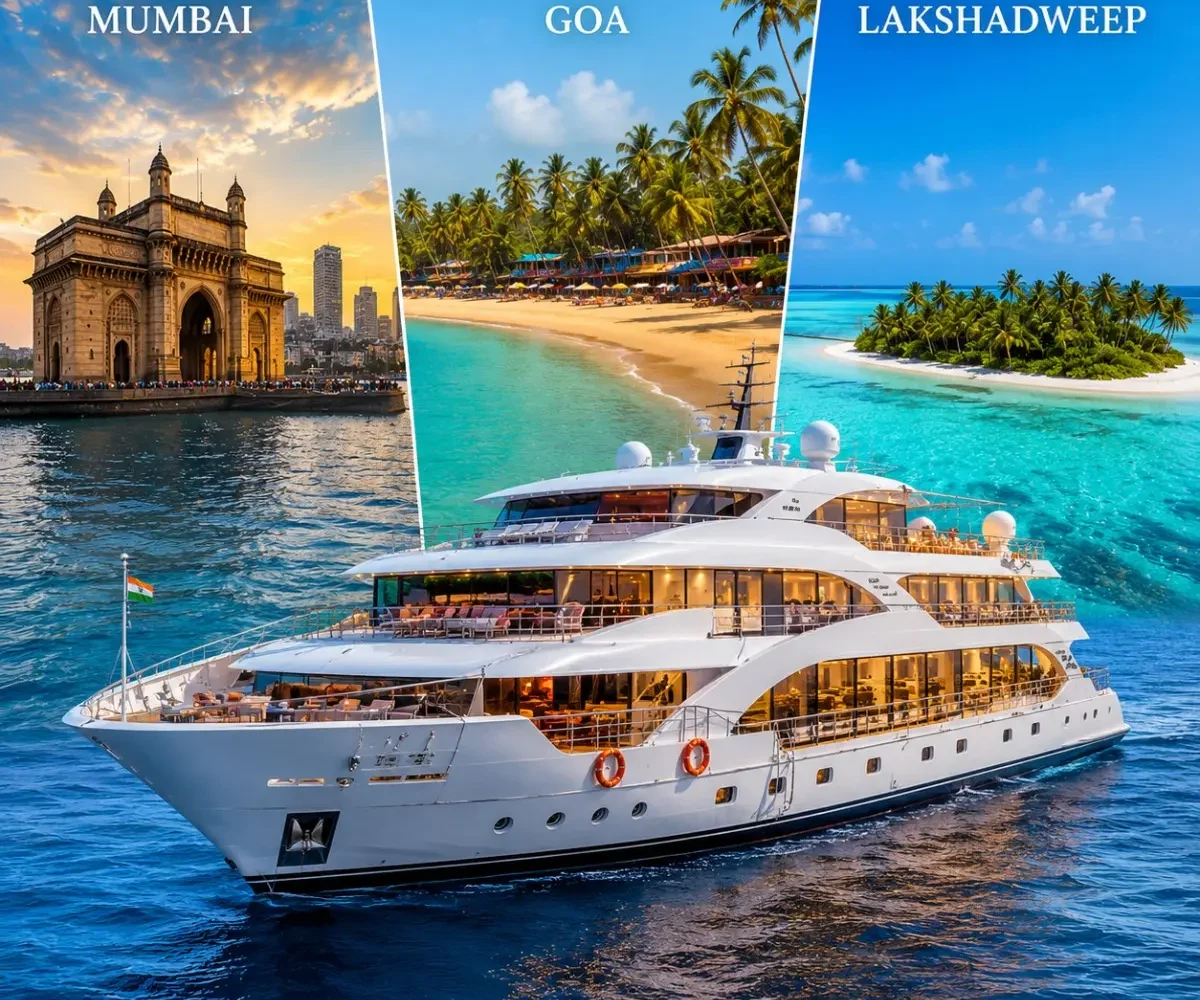 Mumbai Goa Lakshadweep Cruise Package featuring a luxury cruise ship, Goa beaches, Lakshadweep islands, turquoise lagoons and premium onboard experiences.