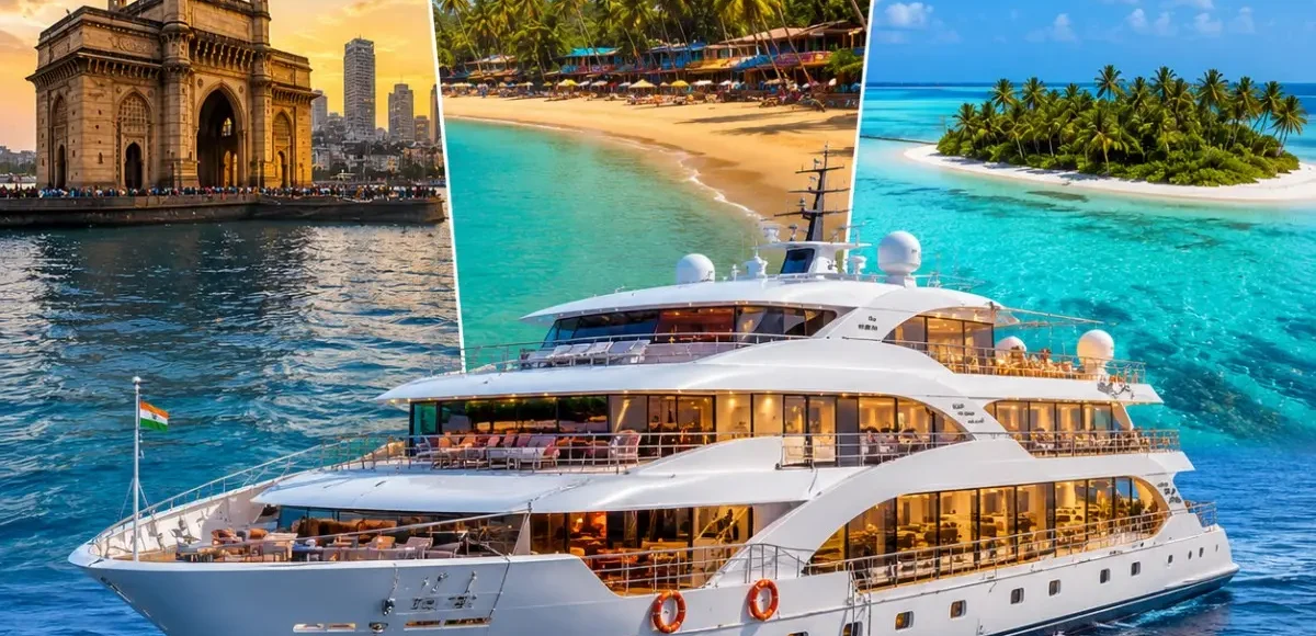 Mumbai Goa Lakshadweep Cruise Package featuring a luxury cruise ship, Goa beaches, Lakshadweep islands, turquoise lagoons and premium onboard experiences.