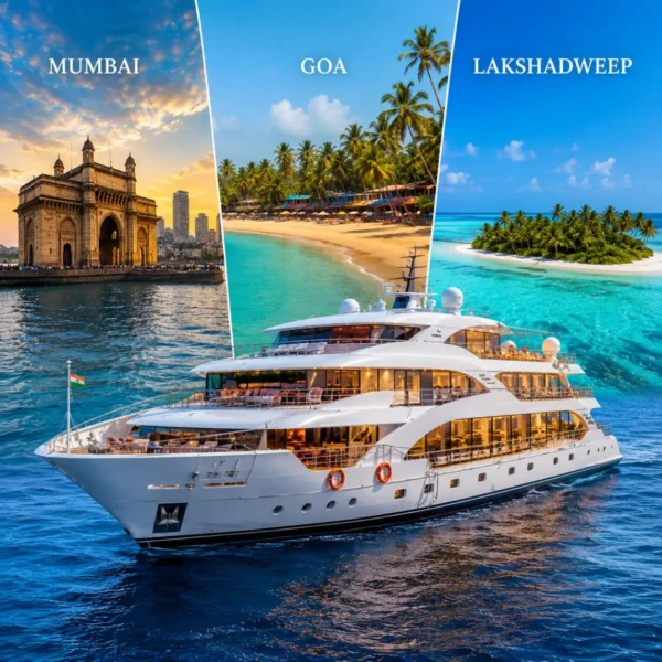 Mumbai Goa Lakshadweep Cruise Package featuring a luxury cruise ship, Goa beaches, Lakshadweep islands, turquoise lagoons and premium onboard experiences.