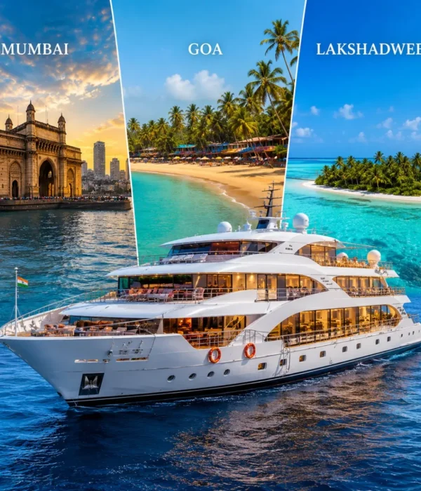 Mumbai Goa Lakshadweep Cruise Package featuring a luxury cruise ship, Goa beaches, Lakshadweep islands, turquoise lagoons and premium onboard experiences.