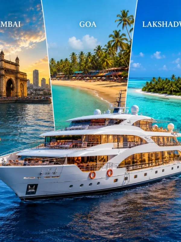 Mumbai Goa Lakshadweep Cruise Package featuring a luxury cruise ship, Goa beaches, Lakshadweep islands, turquoise lagoons and premium onboard experiences.
